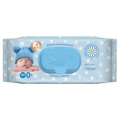 Вологі серветки для дітей Smile Baby (0+), з екстрактом ромашки та алоє (з клапаном) 100 шт.