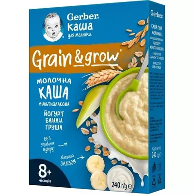 Gerber каша Суха молочна Мультизлакова Йогурт-банан-груша для дітей з 8 місяців 240 г