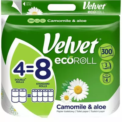 Туалетная бумага Velvet Eco Roll Camomile & Aloe 3 слоя 300 отрывов 4 рулона